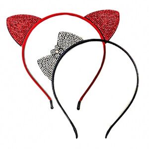 NEW - Set of 2 Headbands- Red Rhinestone Cat Ears and Silver Rhinestone Bow